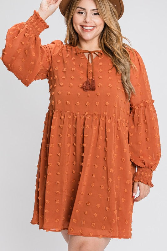 Flowy Textured Long Sleeve Mini Dress with Smocked Cuffs