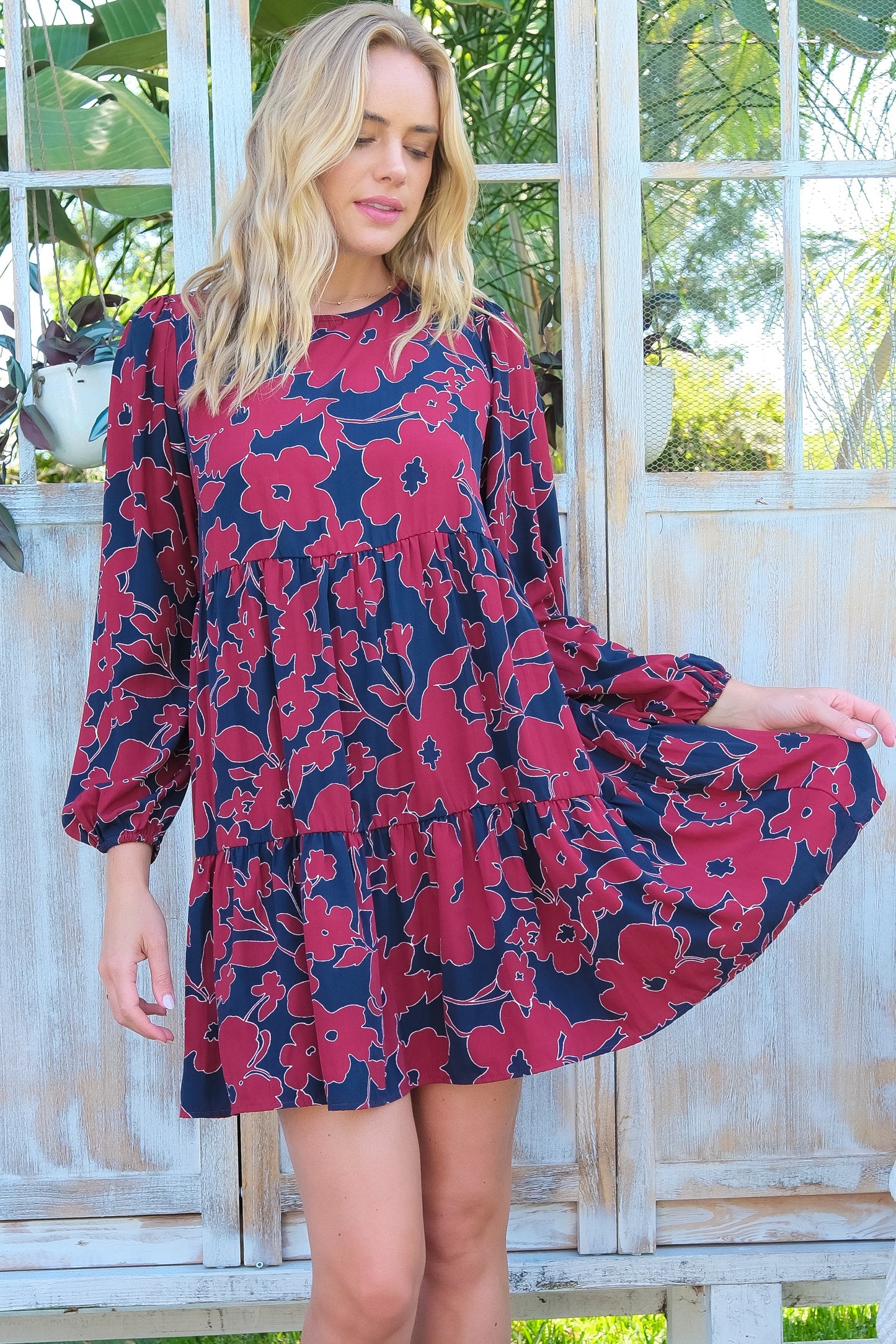 Floral Print Long Sleeve Tiered Mini Dress