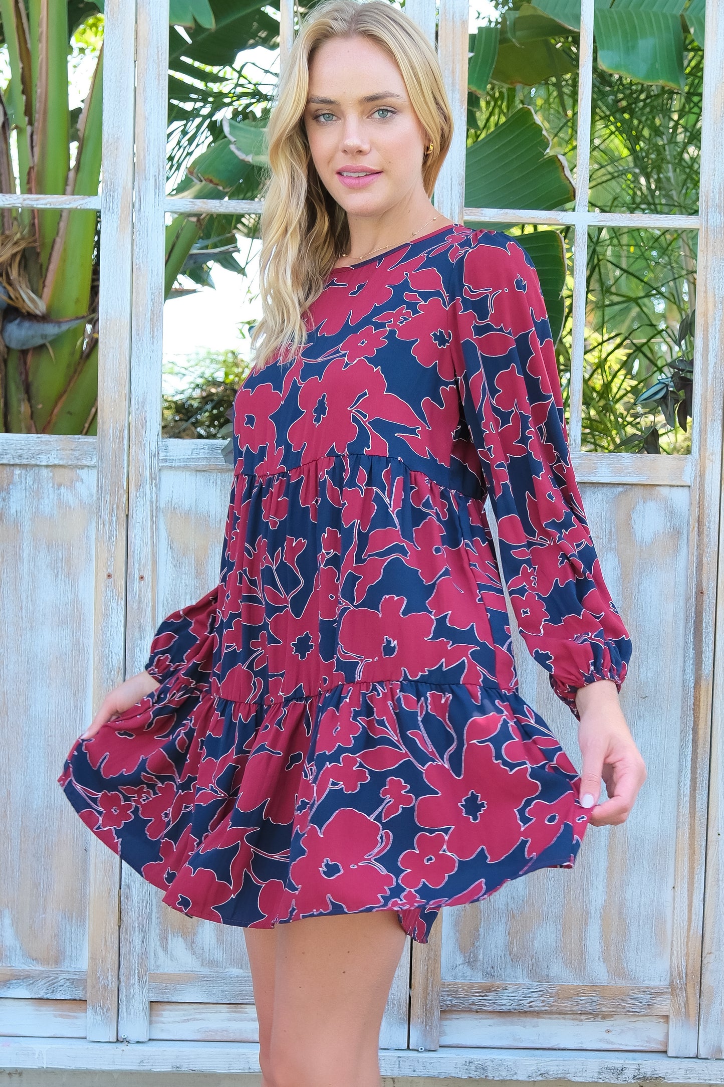 Floral Print Long Sleeve Tiered Mini Dress