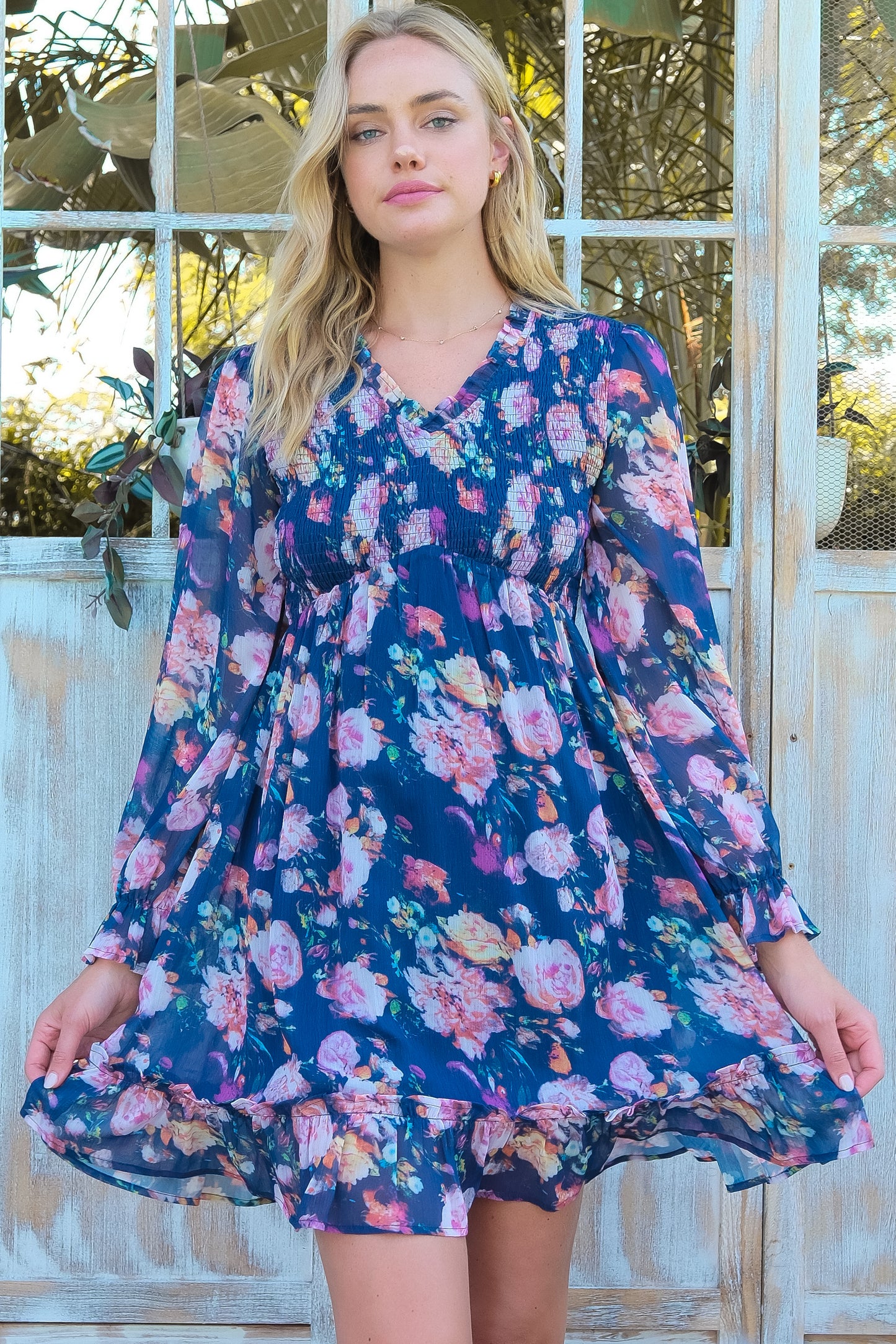 Elegant Floral Chiffon Smocked Dress