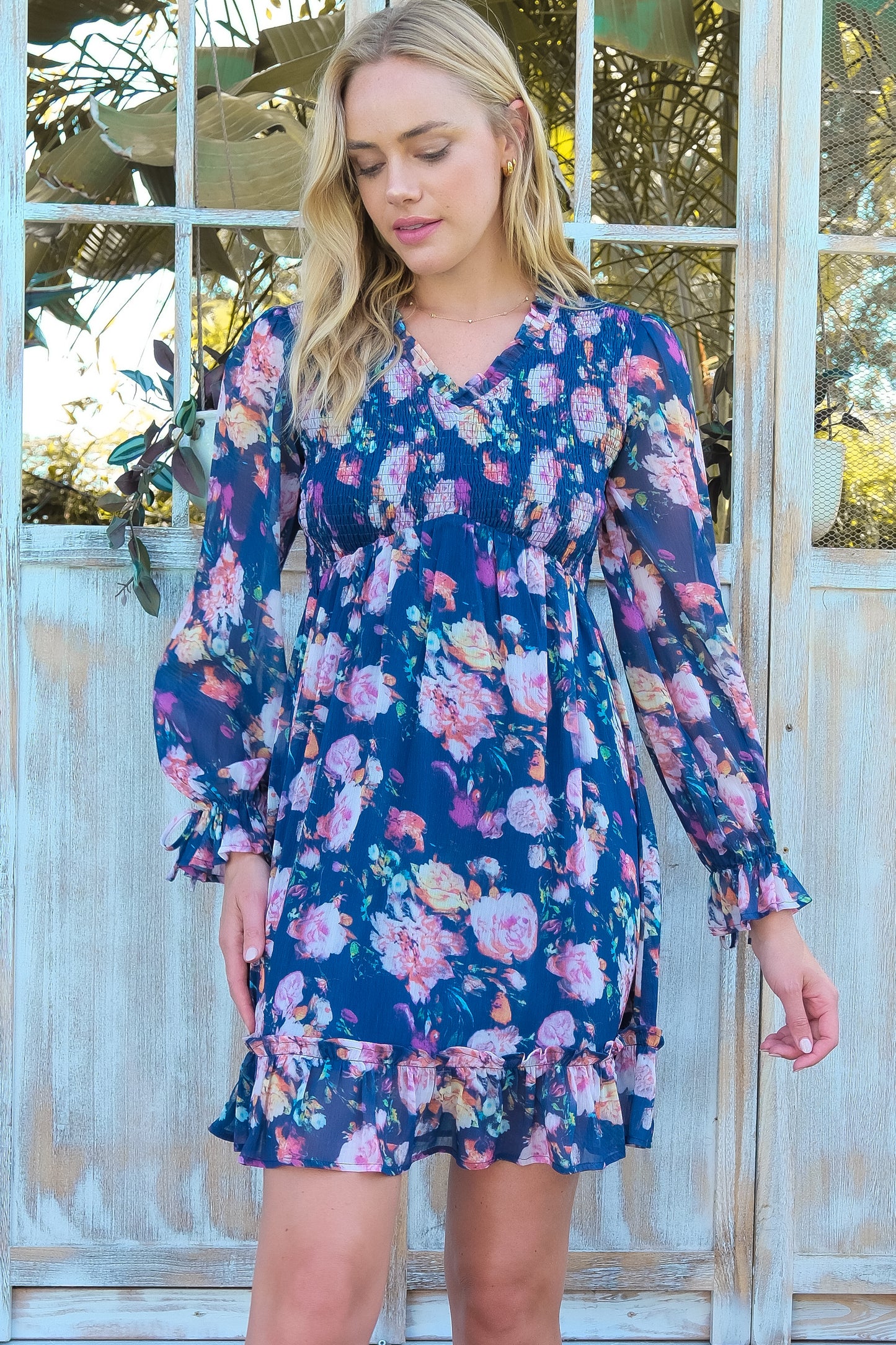 Elegant Floral Chiffon Smocked Dress