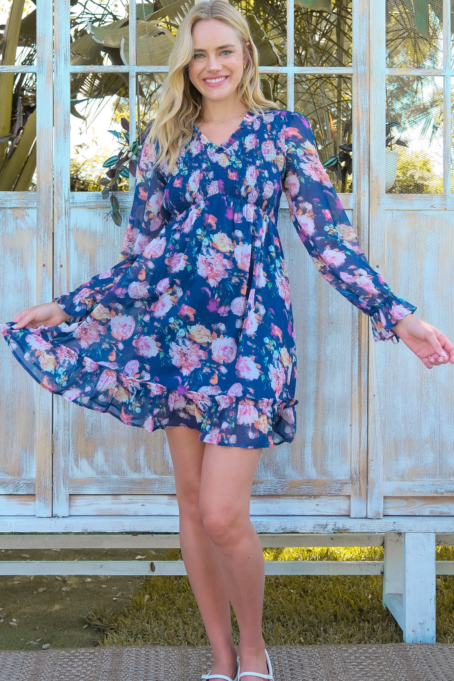 Elegant Floral Chiffon Smocked Dress