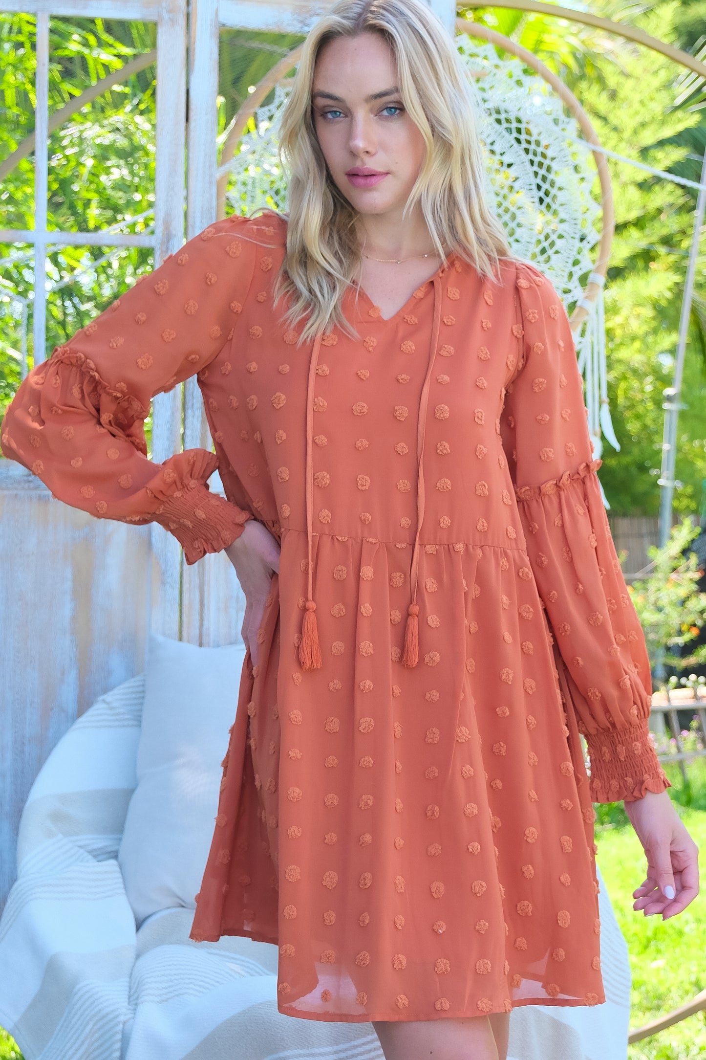 Flowy Textured Long Sleeve Mini Dress with Smocked Cuffs