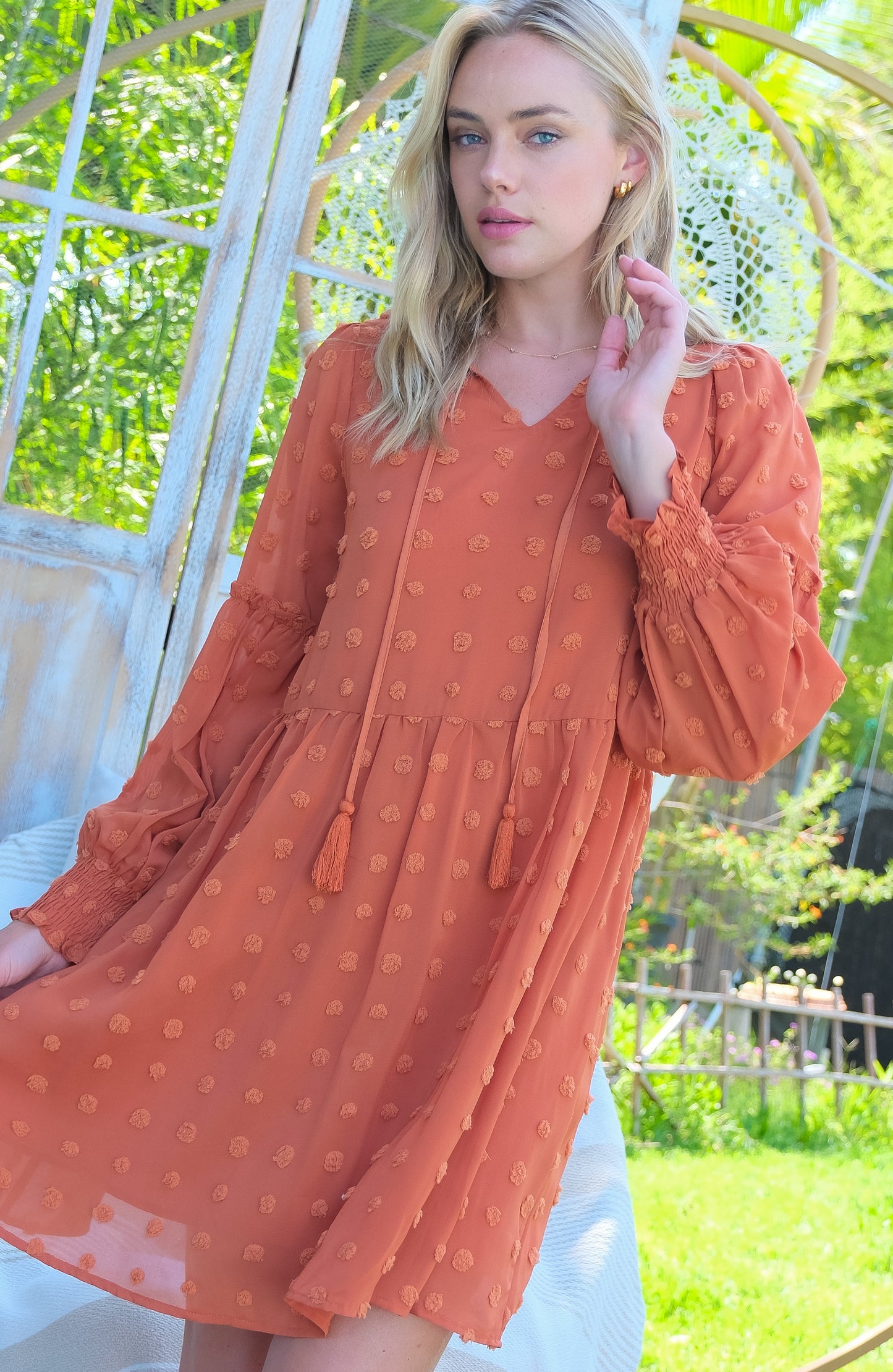 Flowy Textured Long Sleeve Mini Dress with Smocked Cuffs