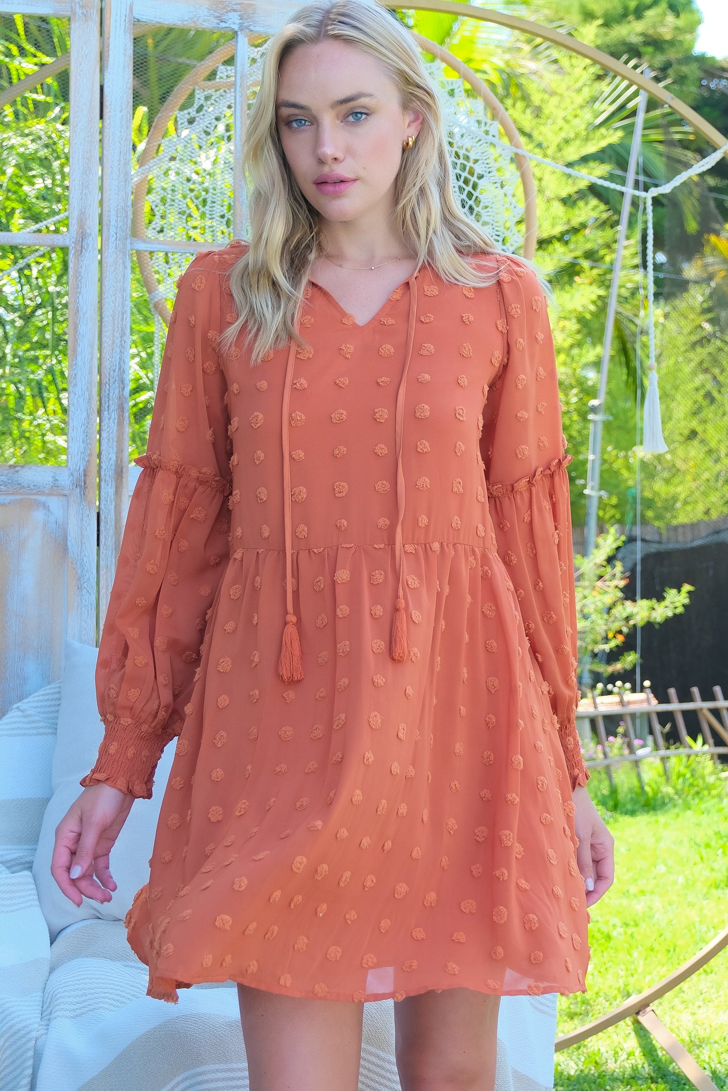 Flowy Textured Long Sleeve Mini Dress with Smocked Cuffs