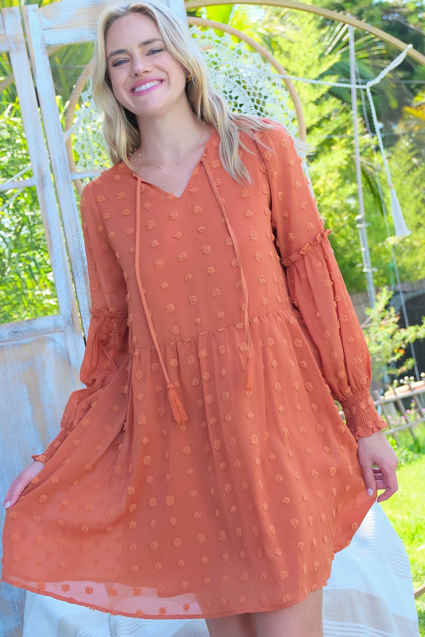 Flowy Textured Long Sleeve Mini Dress with Smocked Cuffs