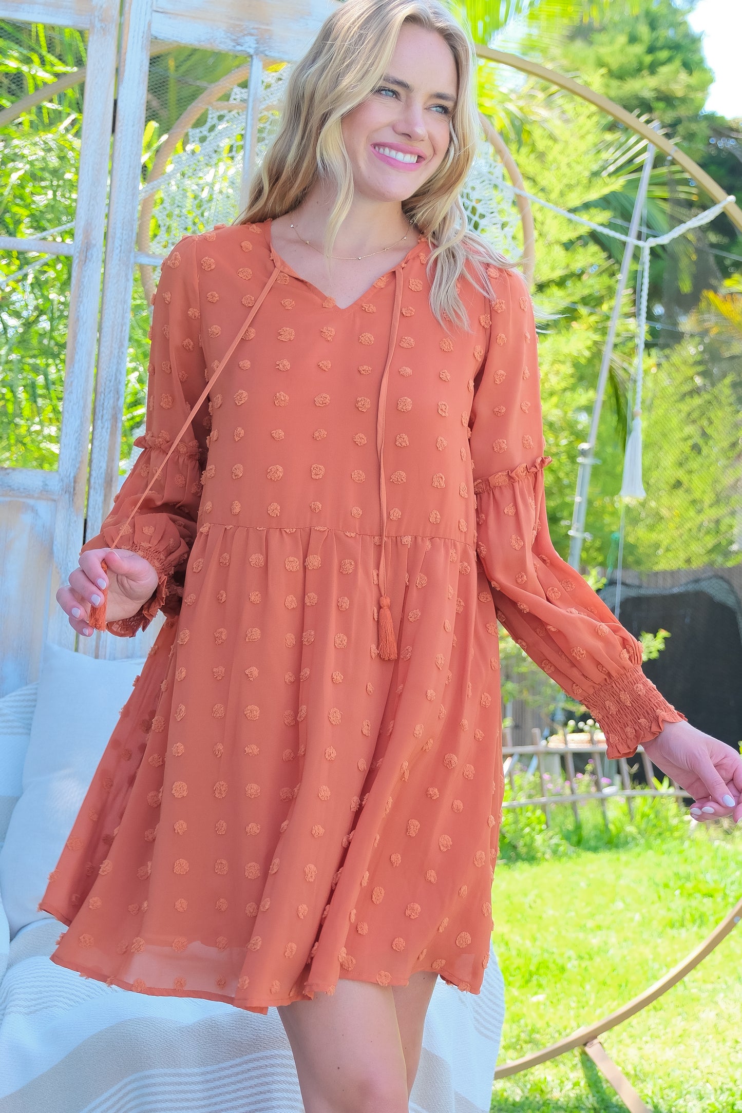 Flowy Textured Long Sleeve Mini Dress with Smocked Cuffs