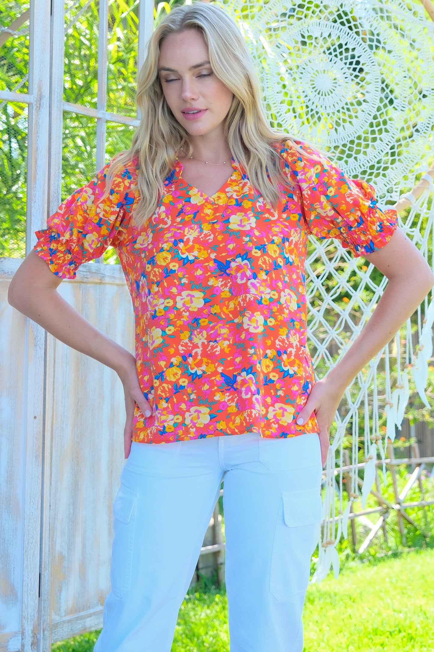 Vibrant Floral Print Puff Sleeve Blouse