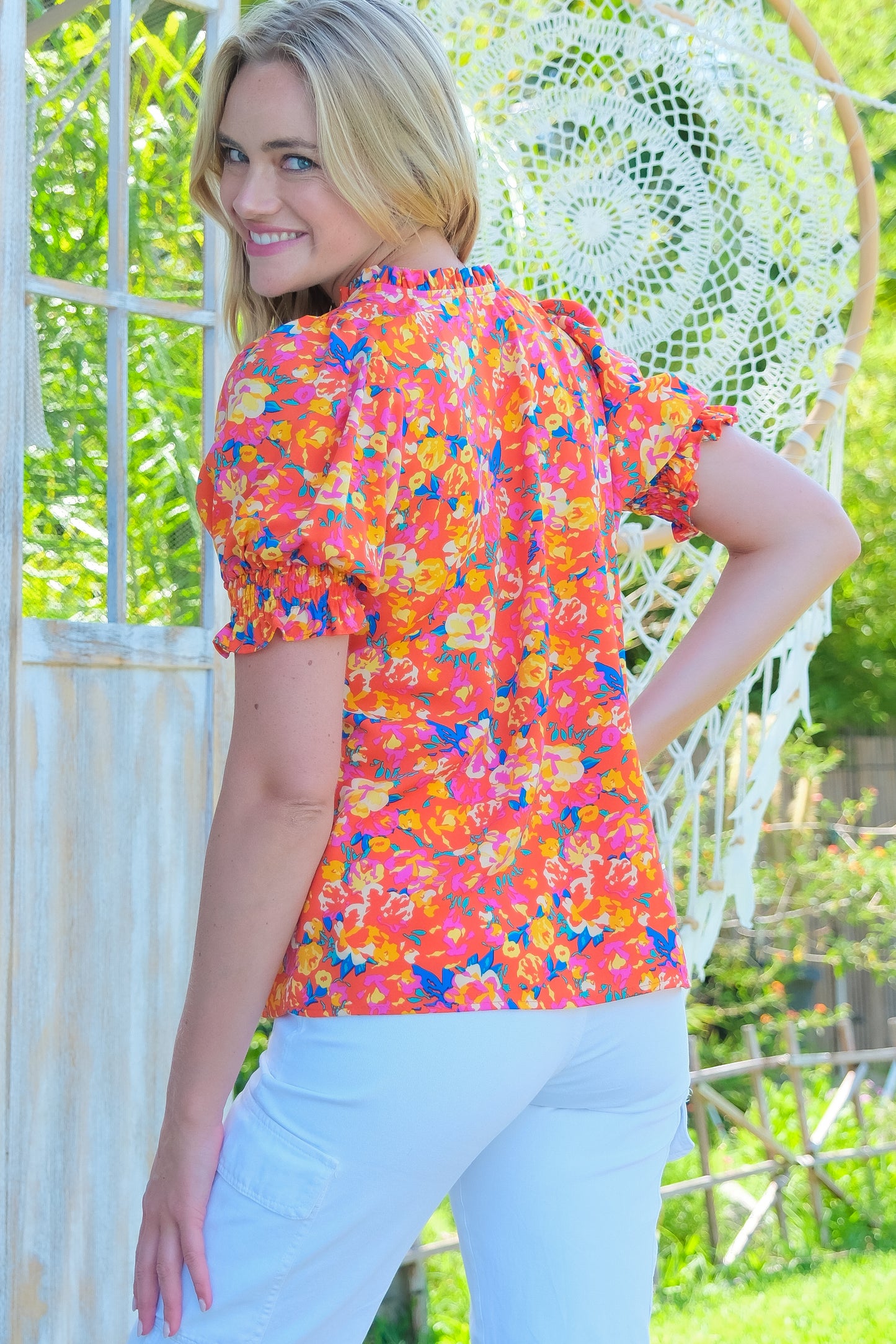 Vibrant Floral Print Puff Sleeve Blouse