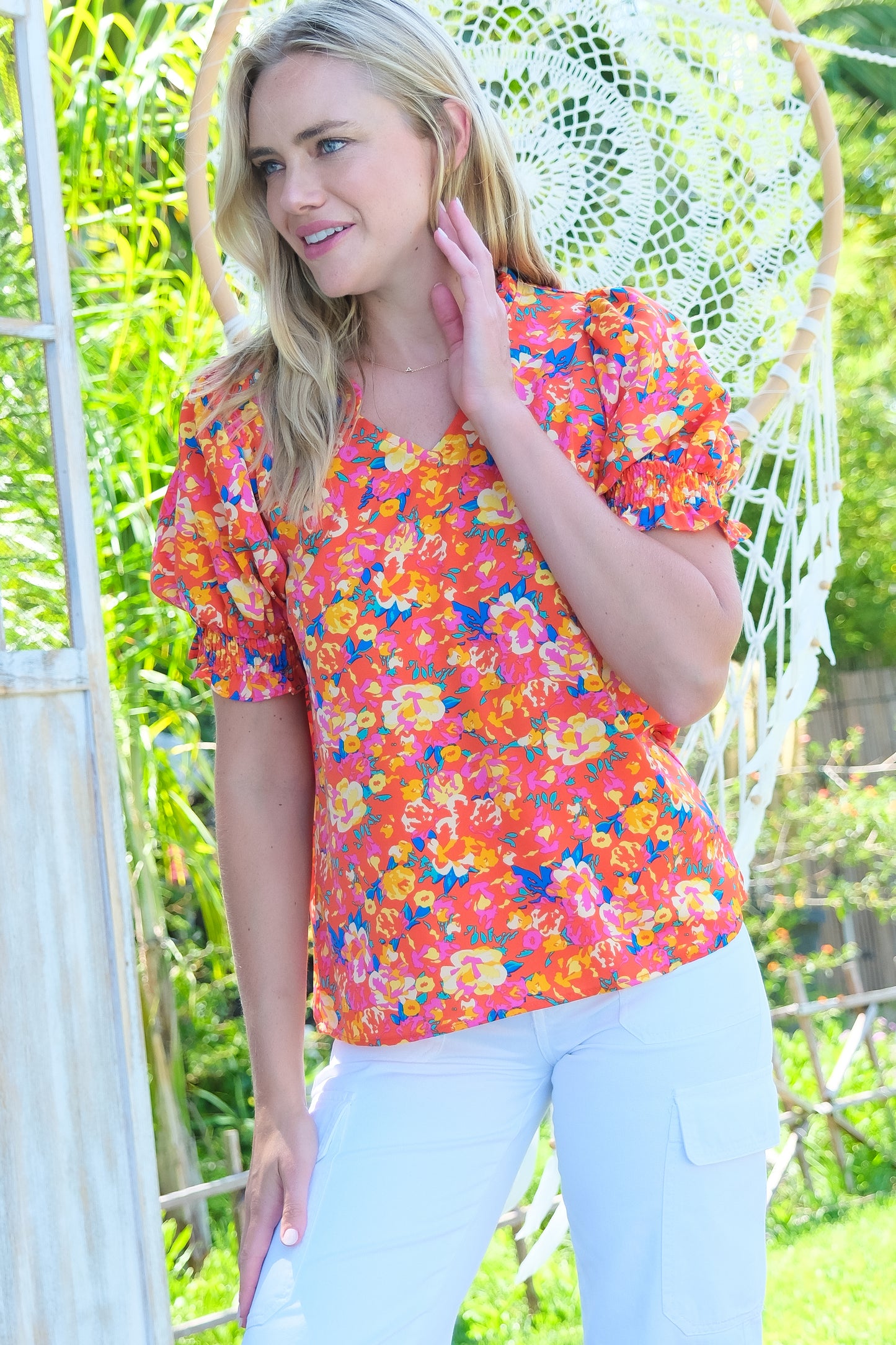 Vibrant Floral Print Puff Sleeve Blouse