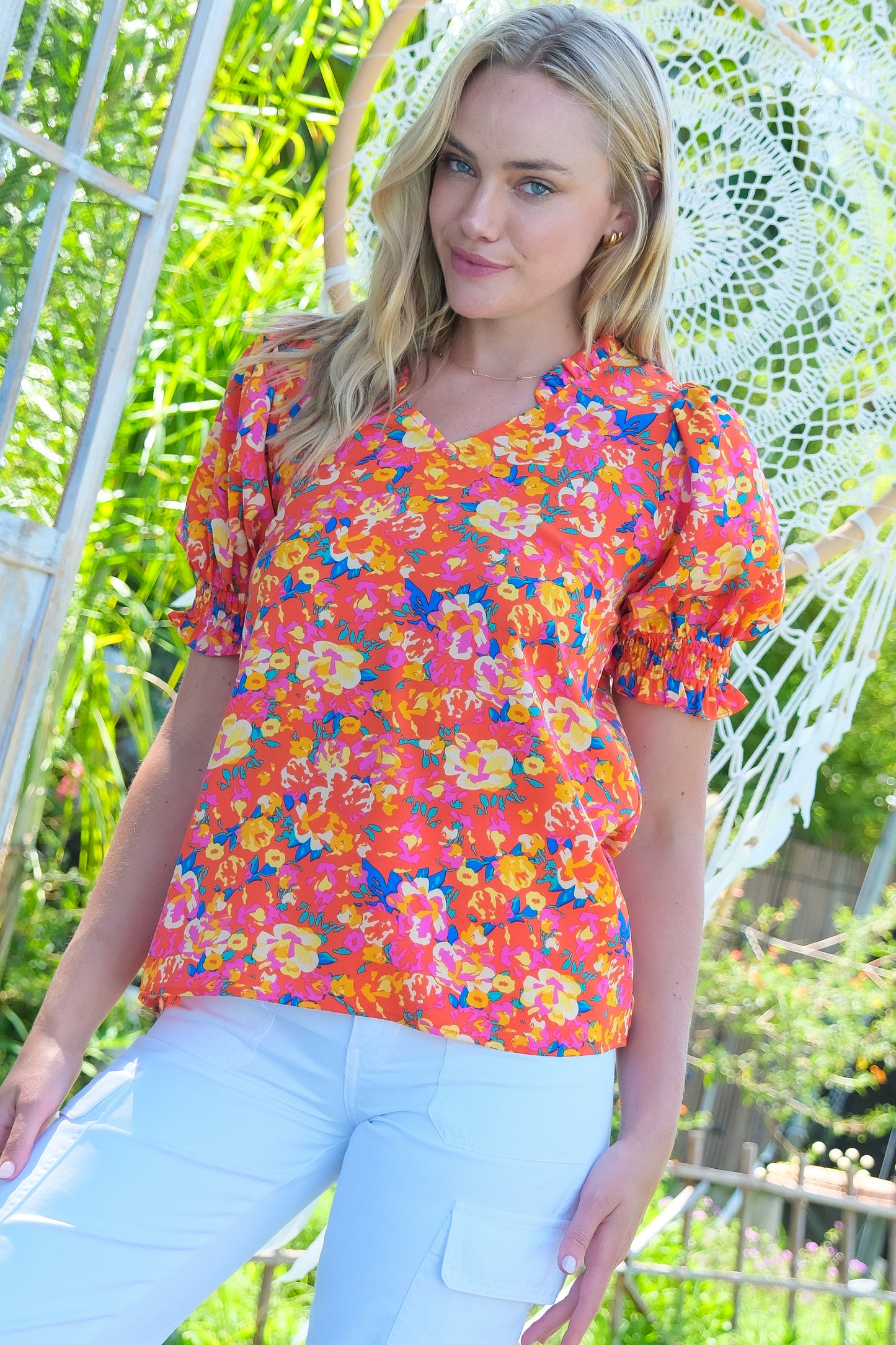 Vibrant Floral Print Puff Sleeve Blouse