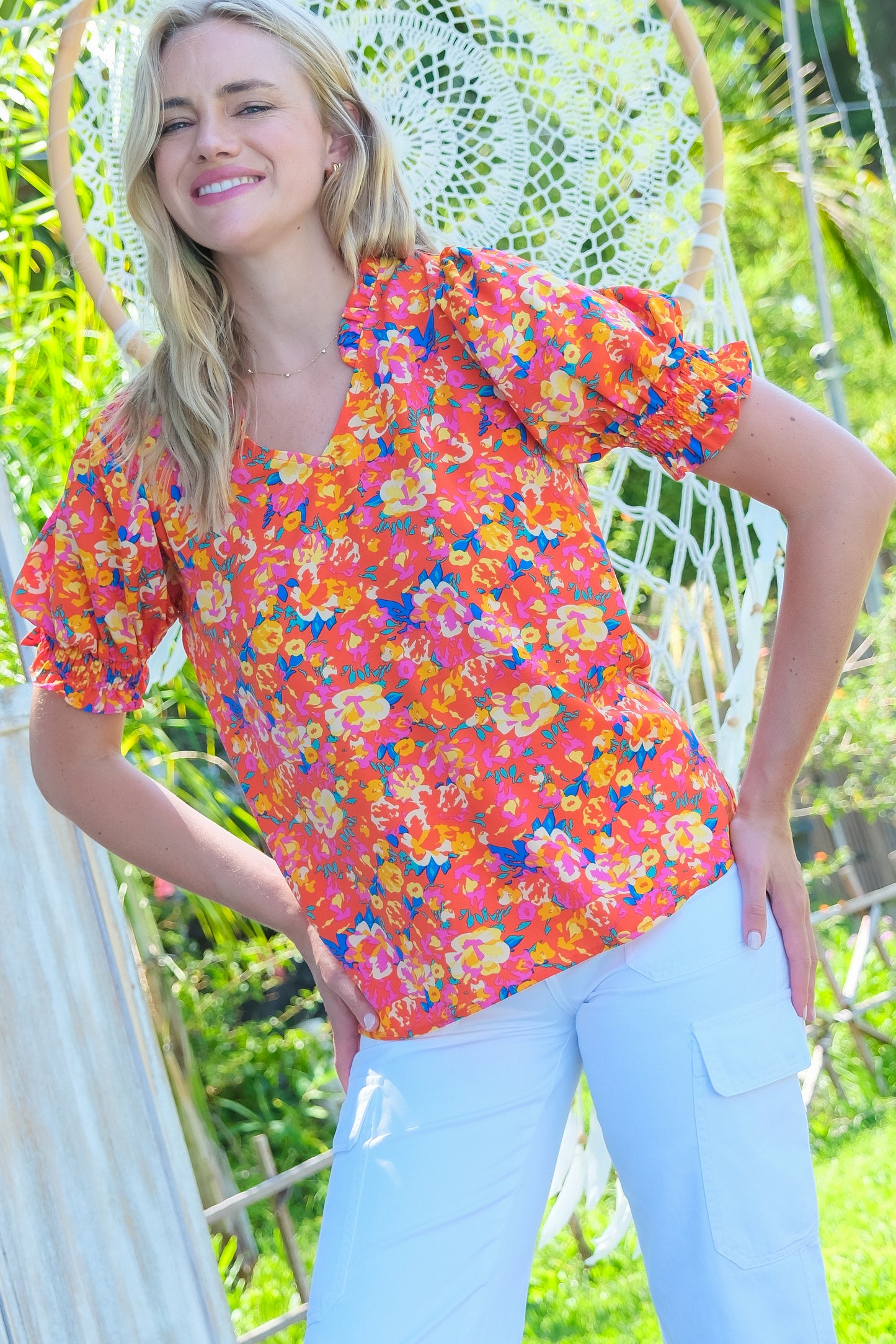 Vibrant Floral Print Puff Sleeve Blouse