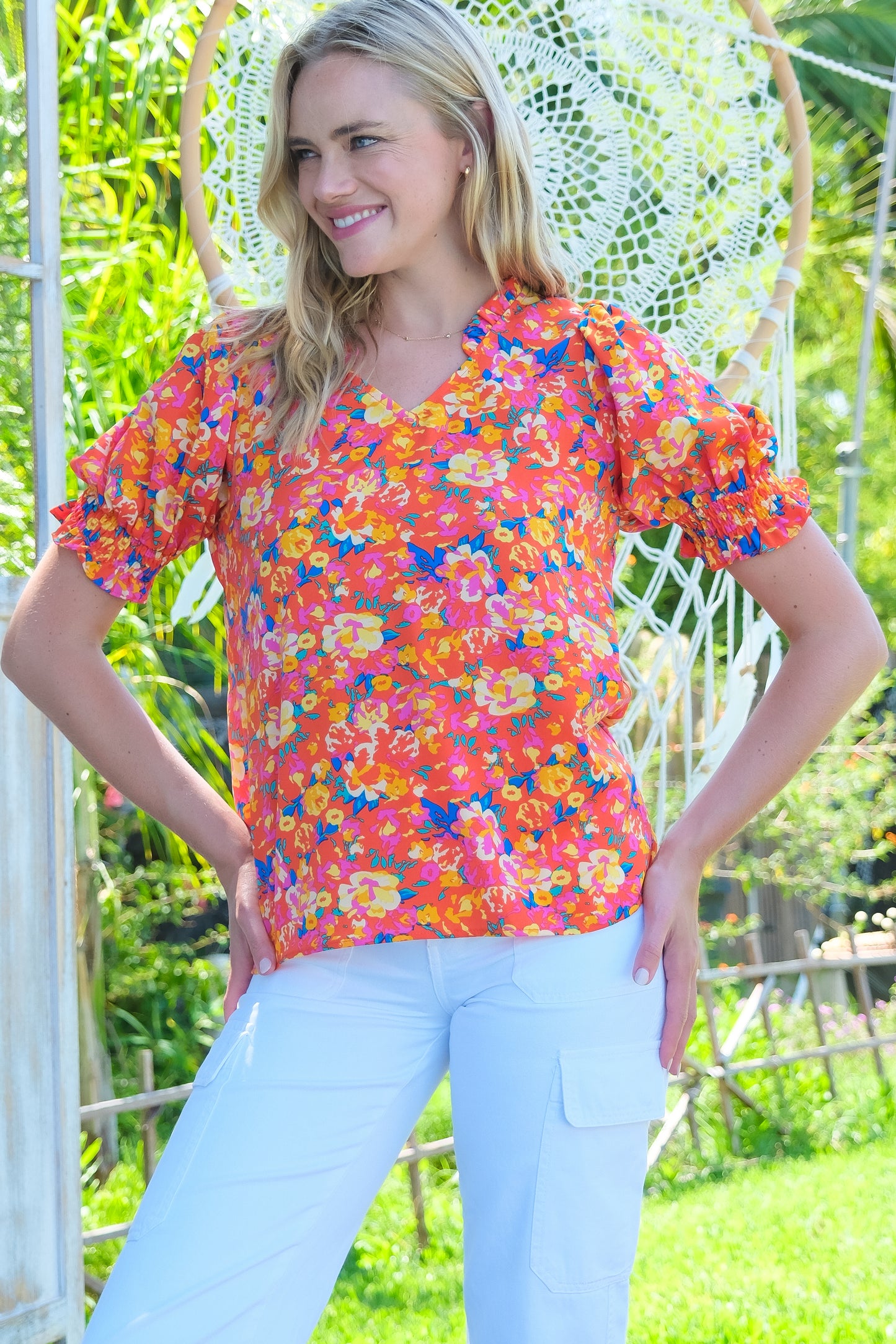 Vibrant Floral Print Puff Sleeve Blouse