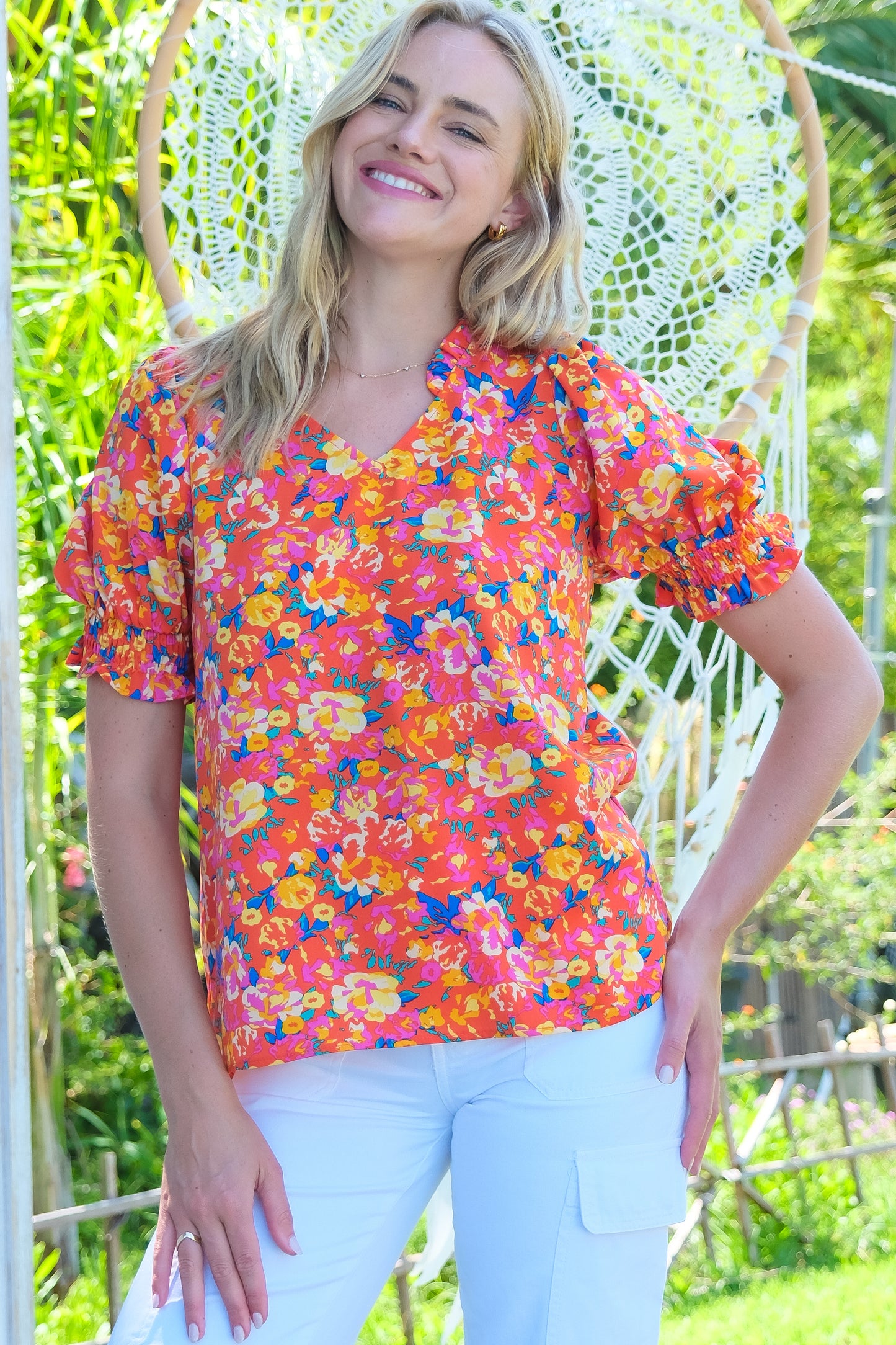 Vibrant Floral Print Puff Sleeve Blouse