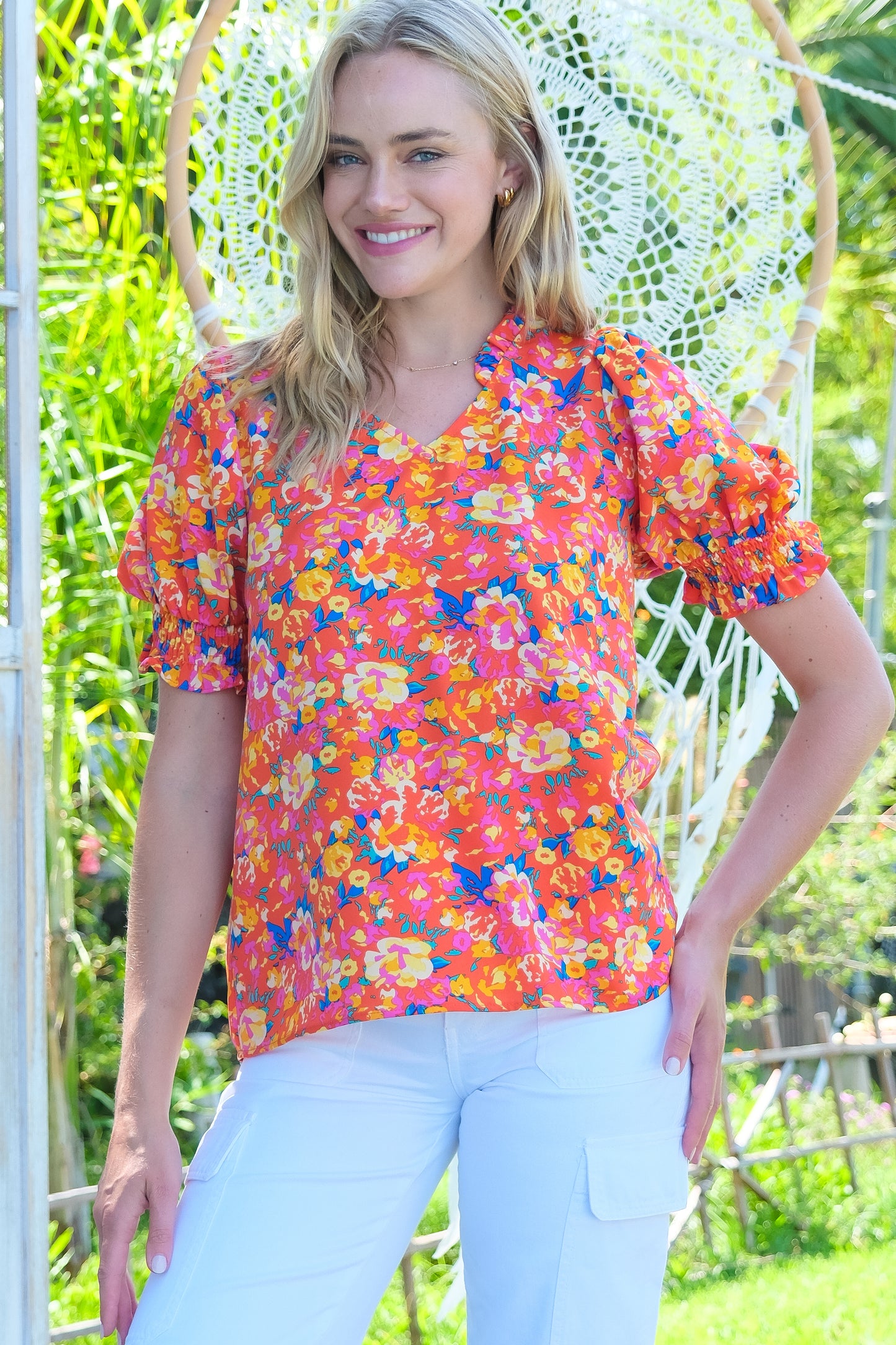 Vibrant Floral Print Puff Sleeve Blouse