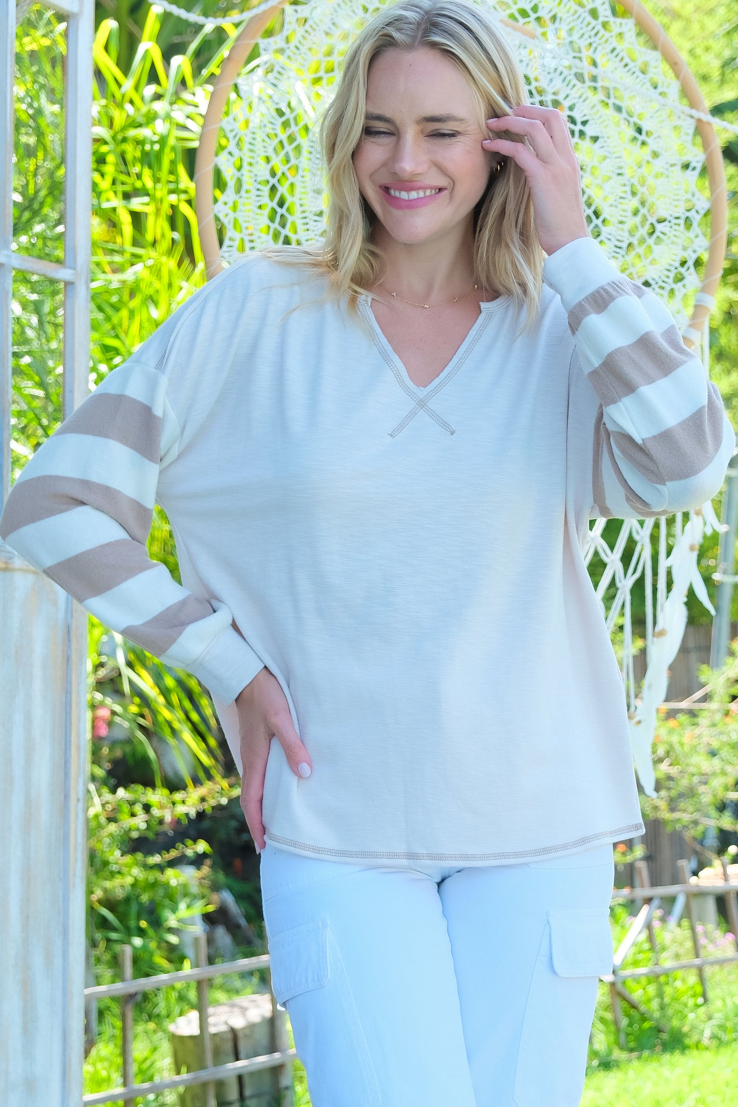 Striped Sleeve V-Neck Pullover in Multiple Colors