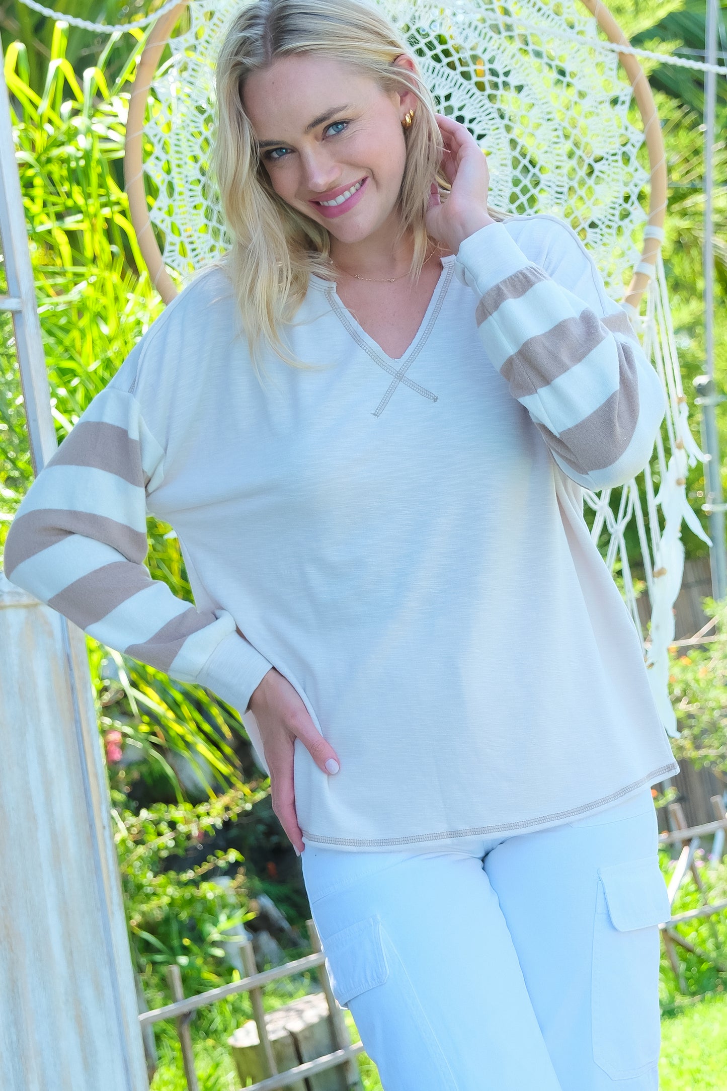 Striped Sleeve V-Neck Pullover in Multiple Colors