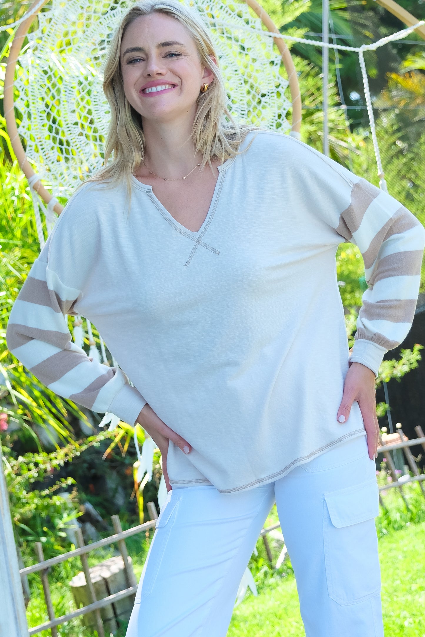 Striped Sleeve V-Neck Pullover in Multiple Colors