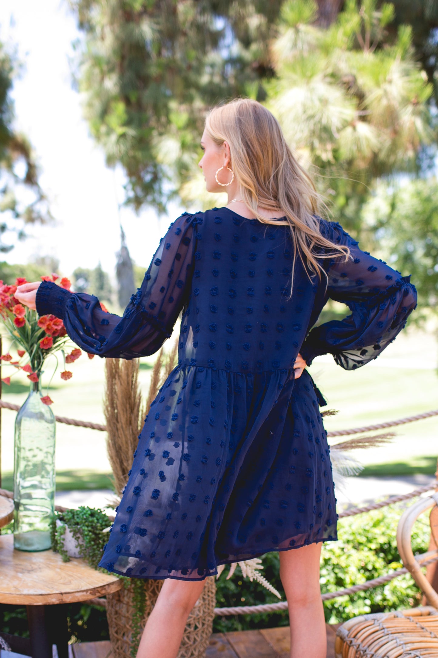 Flowy Textured Long Sleeve Mini Dress with Smocked Cuffs