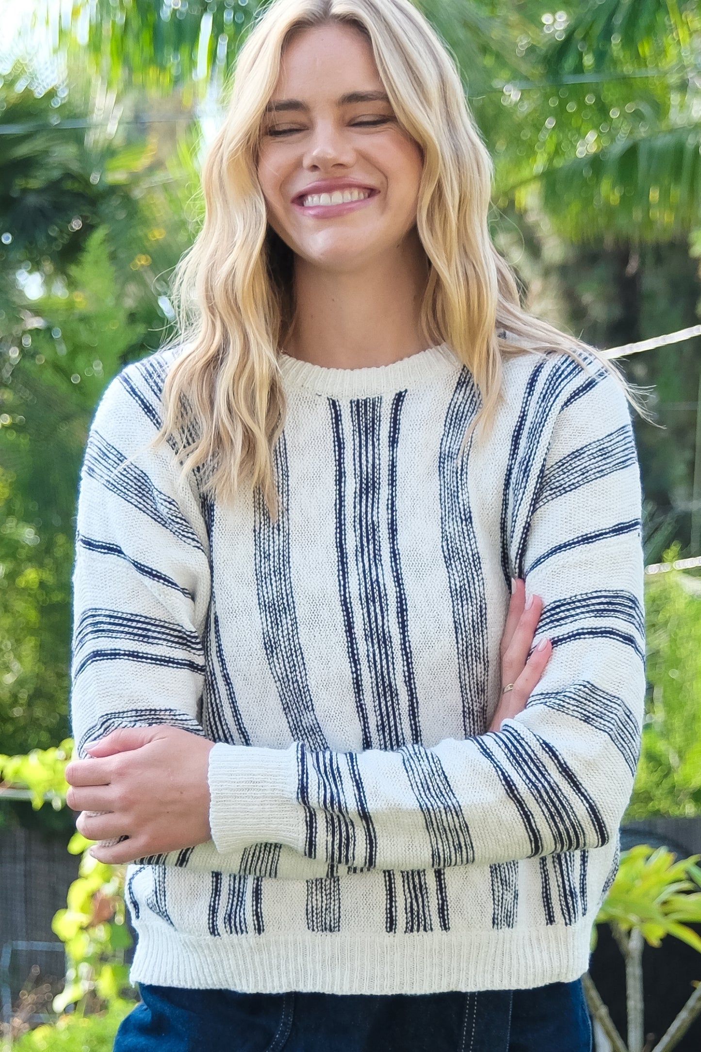 Cozy Striped Knit Sweater with Ribbed Trim