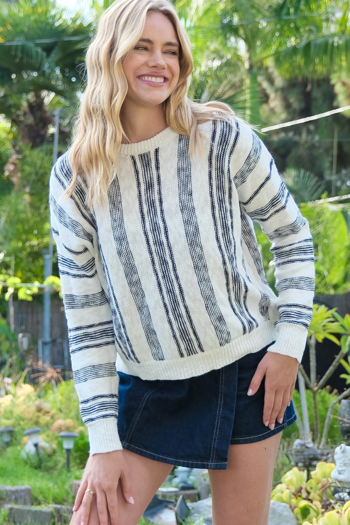 Cozy Striped Knit Sweater with Ribbed Trim