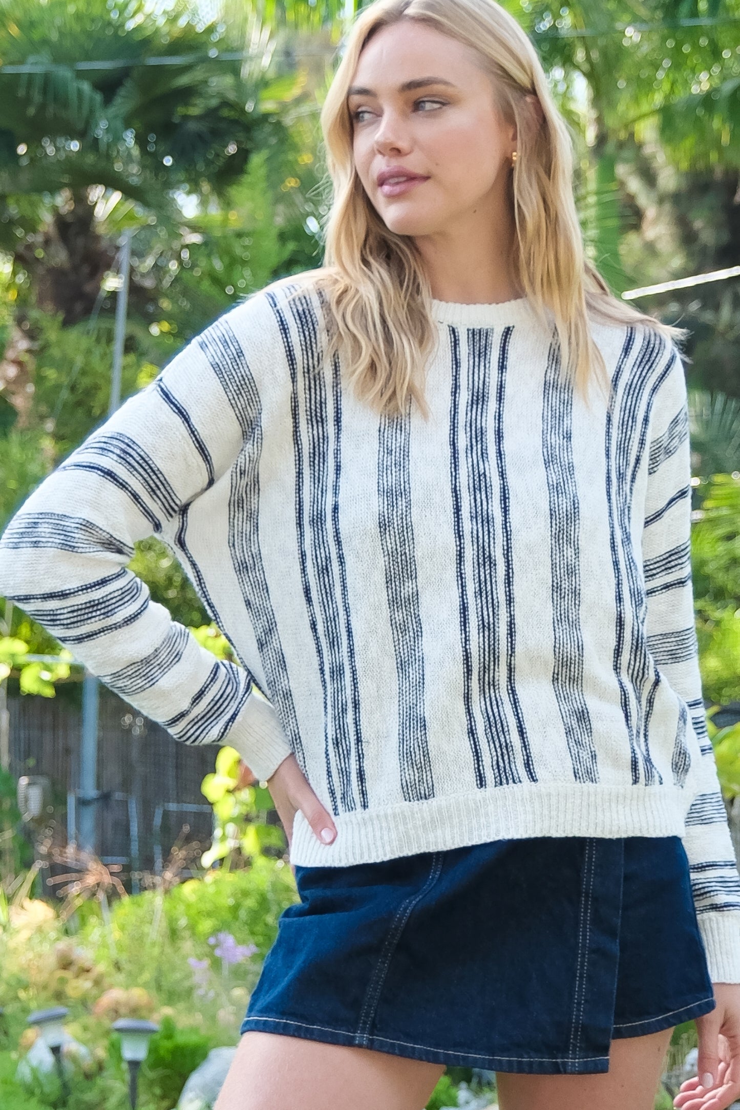 Cozy Striped Knit Sweater with Ribbed Trim