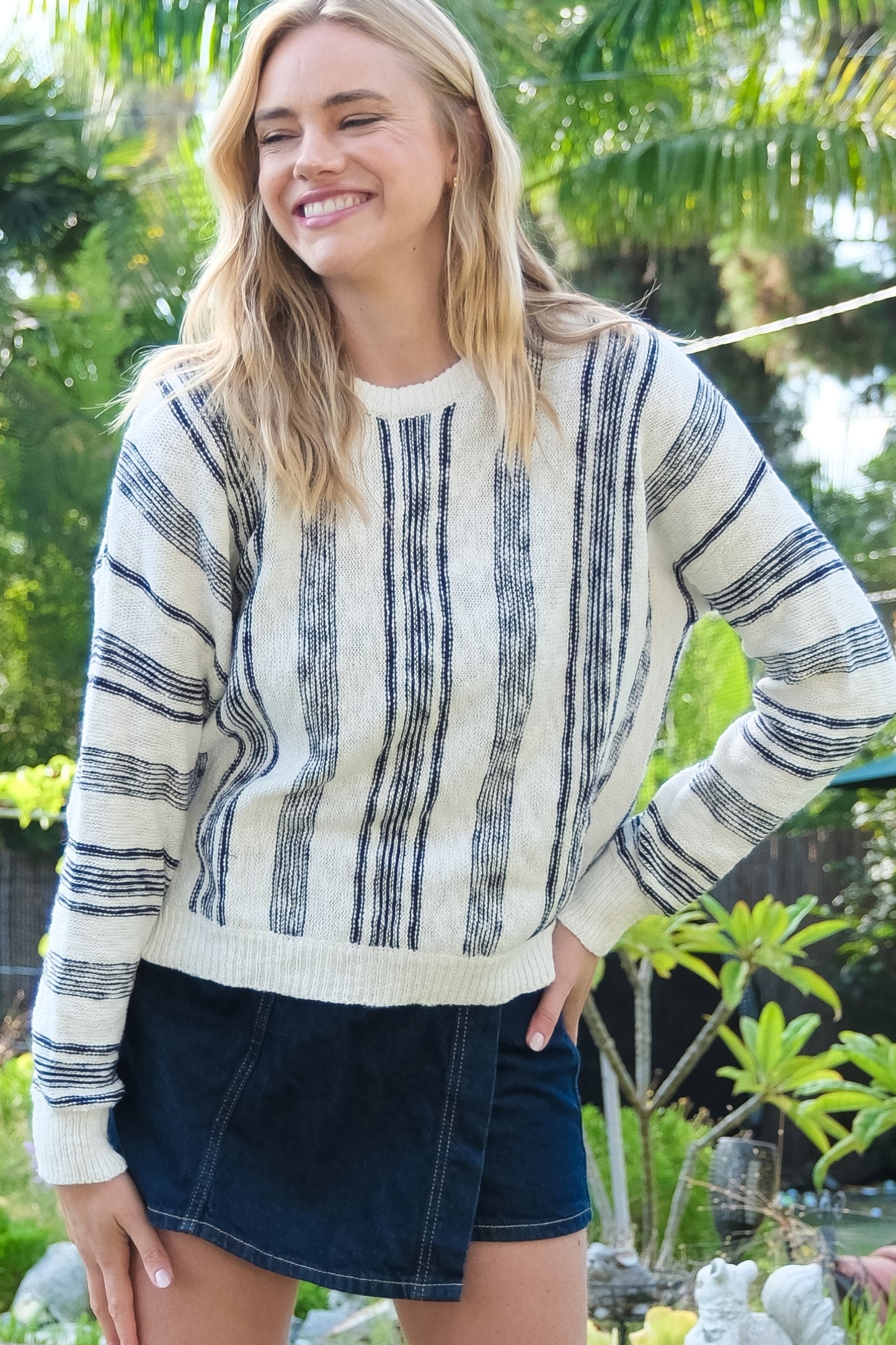 Cozy Striped Knit Sweater with Ribbed Trim