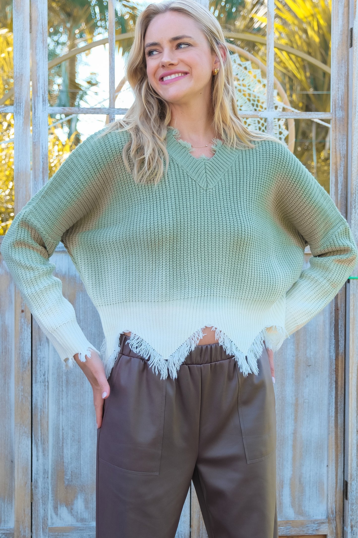 Chic Ombre Knit Sweater (Green & Coral)