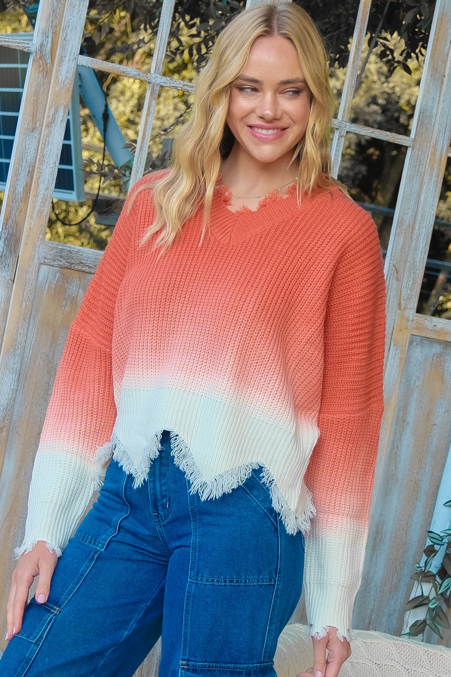 Chic Ombre Knit Sweater (Green & Coral)